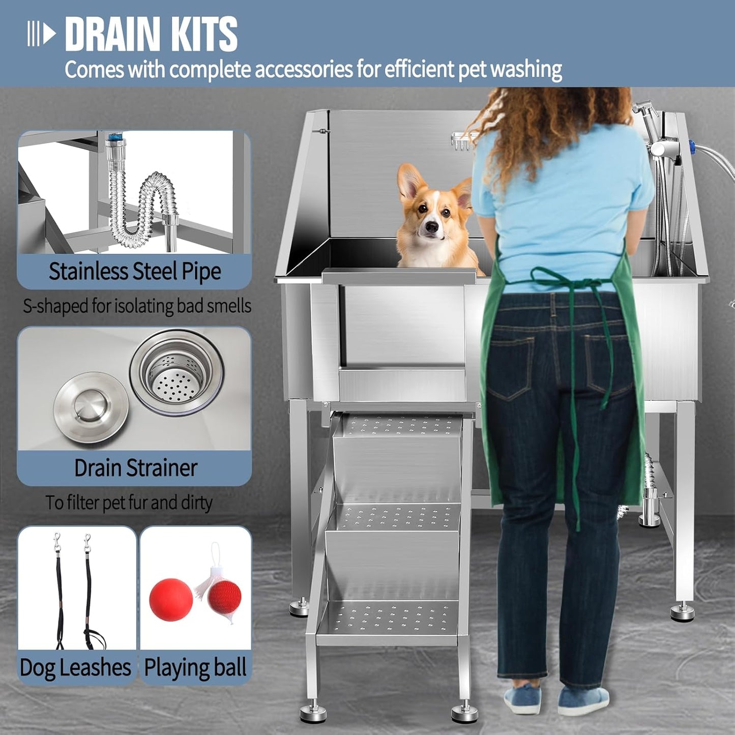 38" Dog Washing Station, Professional Stainless Steel Dog Bathing Station, Equipped with Three Anti-Slip Steps, Removable Door, Upgraded Spray Nozzle&Hose - Ideal for Home, Pet Grooming Salon,L-RAMP