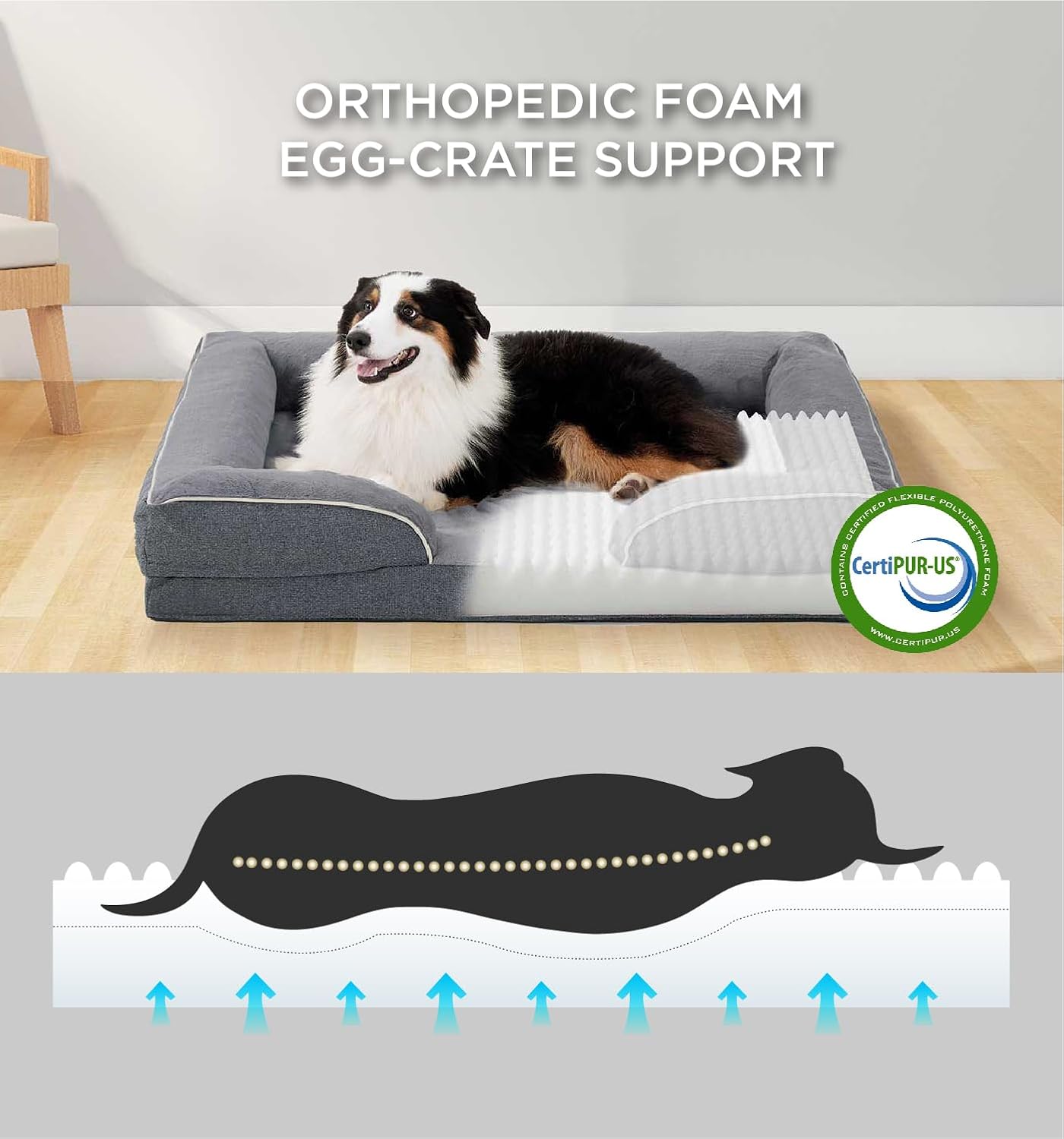 Made4Pets Orthopedic Dog Bed for Extra Large Dogs, Supportive Foam XXXL Pet Bed Sofa with Washable Removable Cover, Waterproof Large Dog Couch Bed, Non-Slip Bottom and Egg-Crate Foam, Grey