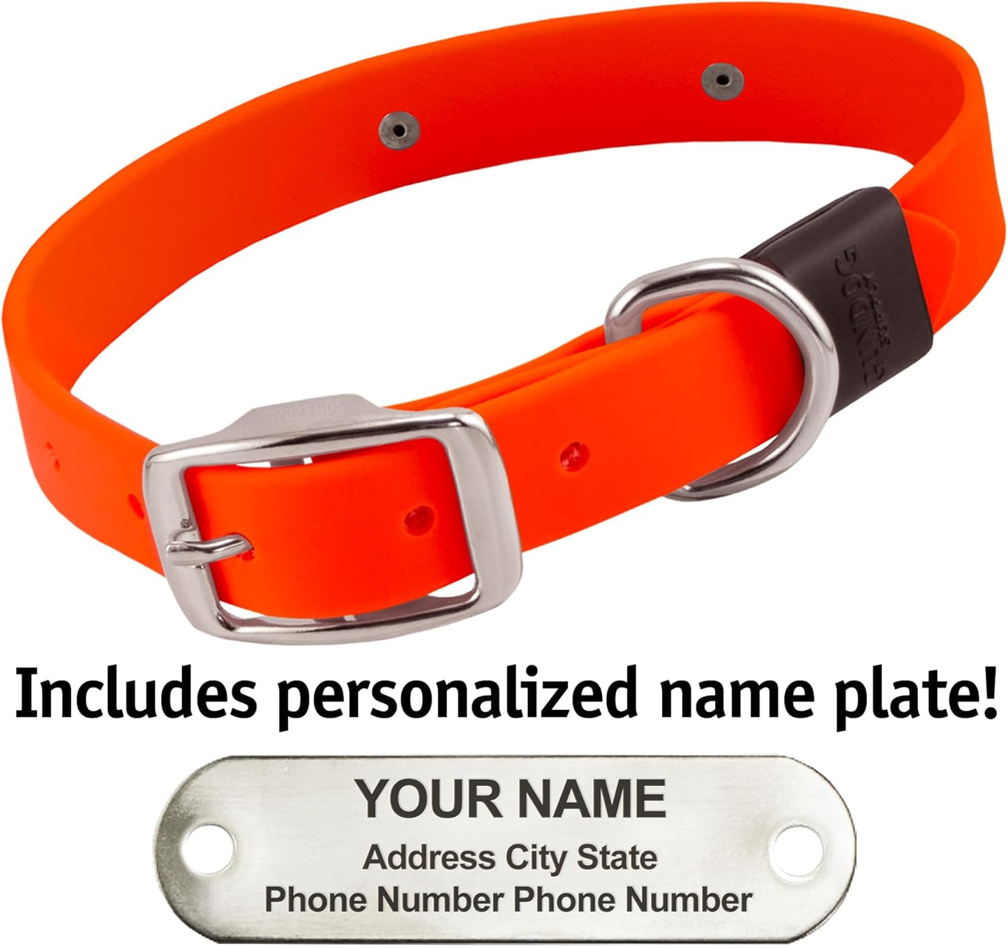 Biothane Custom Dog Collar – Waterproof, Stink-Proof Personalized Collar with Name & Phone Number – Durable, Many Sizes and Colors – Assembled in USA (Hunter Orange)