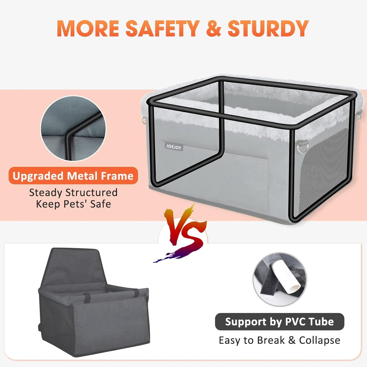 JOEJOY Deluxe Dog Booster Seat with Sturdy Metal Frame and Safety Leash for Small Pets up to 20 lbs - Portable Puppy Dog Car Seat with Thick Cushion and Storage Pockets for Small Dogs