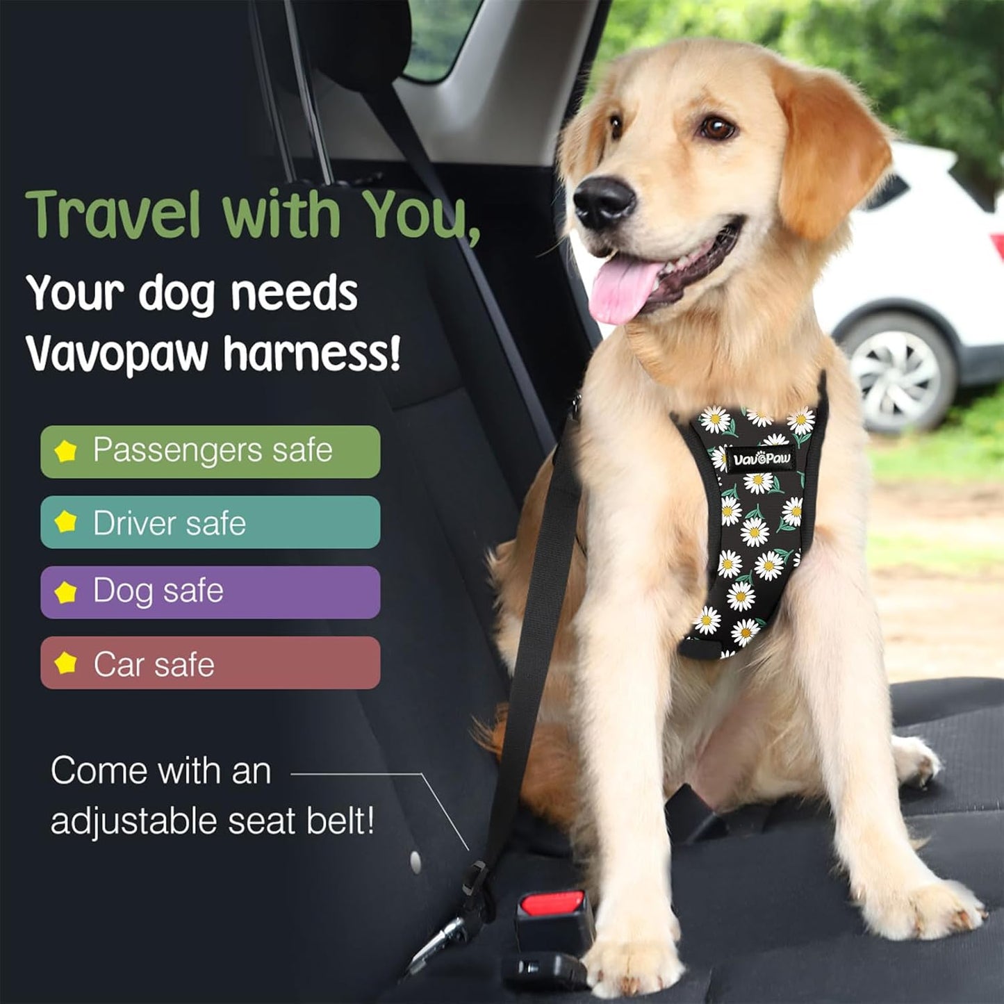 Dog Seat Belt, Safety Vest Dog Car Harness with Adjustable Buckle Dog Seat Belt for Vehicle Nylon Pet Safety Seat Belts Heavy Duty(L, Black Daisy)