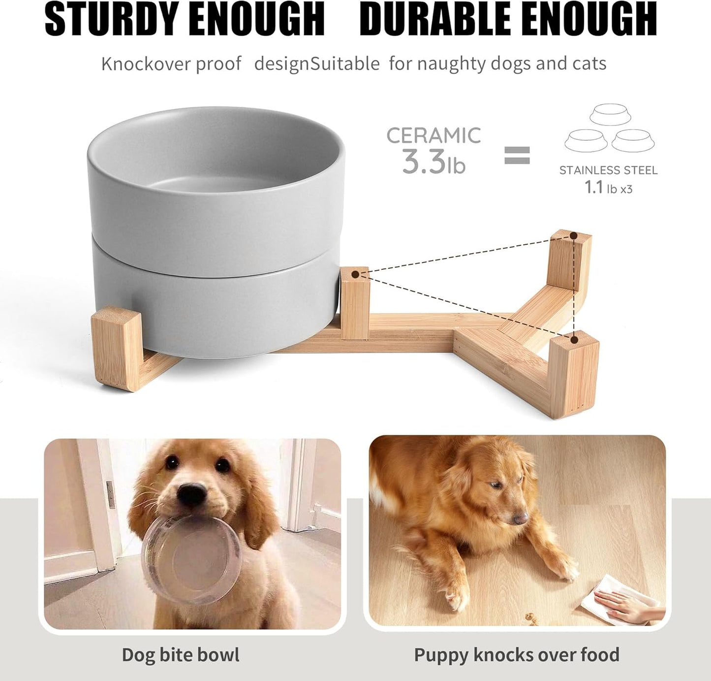 Grey Ceramic Dog & Cat Bowl Set – 13.5 OZ with Wooden Stand, Non-Slip, Elevated Design for Small Dogs & Cats – 2 Bowls (Food & Water, Ceramic Pet Bowls, Modern Dog Bowls)