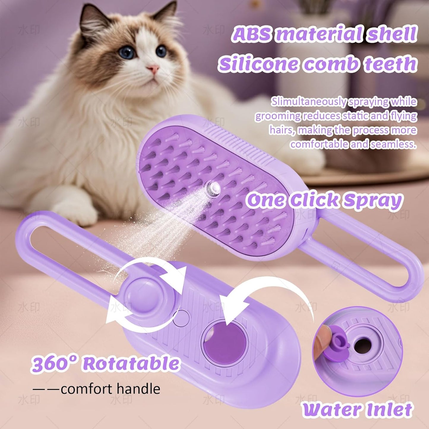 4 in 1 Cat & Dog Steam Brush Kit with 2 Comb Heads - Rechargeable Grooming Brush for Long/Short Hair Shedding, Anti-Static Steam Spray & Foldable Handle, Pet Spa Cleaning Tool (Purple)
