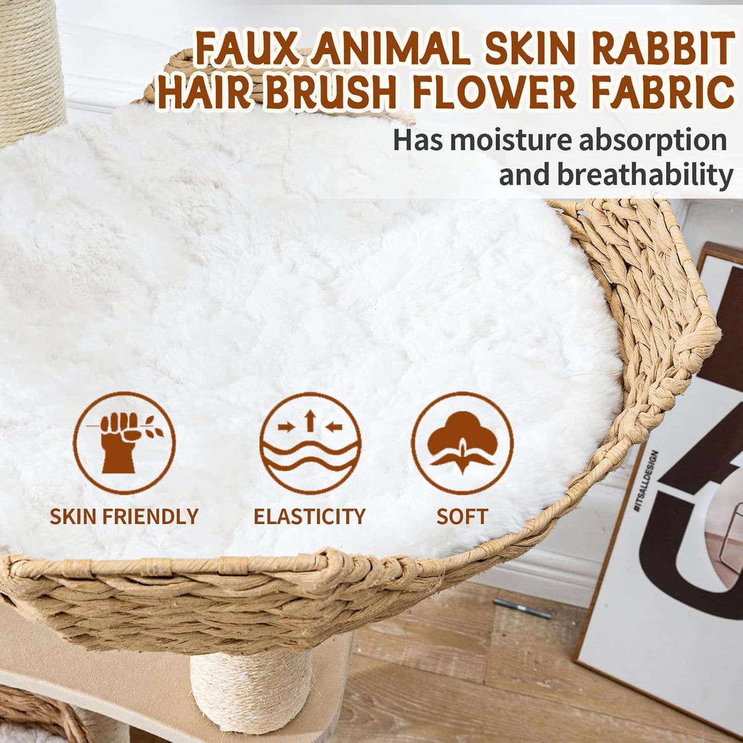 Big Modern Design Cat Tree Tower with White Cloud Mat, Unique Cat Supplies Tower with Scratching Post, Cute Wood Cat Tree Cat Furniture Activity Centre for Indoor Big Cats