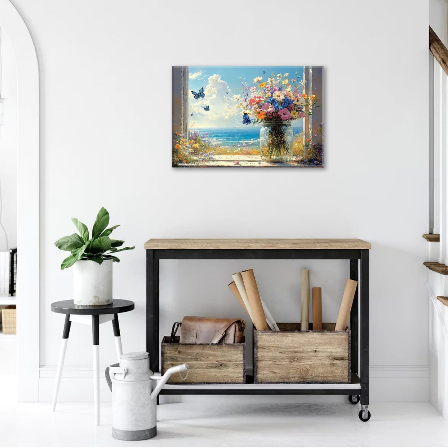 Beach Floral Bathroom Pictures Wall Art, Colorful Flower Bathroom Wall Decor, Coastal Ocean Framed Painting Canvas Artwork for Bedroom Living Room Decorations 24"L x 16"W