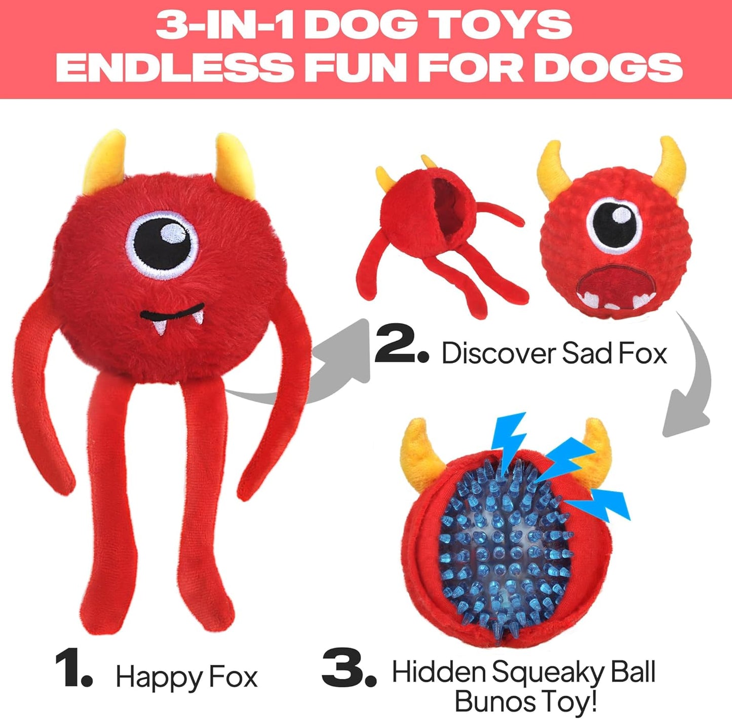 Fida Dog Chew Toys for Aggressive Chewers(3in1),Squeaky Dog Toys for Large Dogs，Interactive Dog Toys to Keep Them Busy, Dog Ball for Small, Medium and Large Dogs(Red)