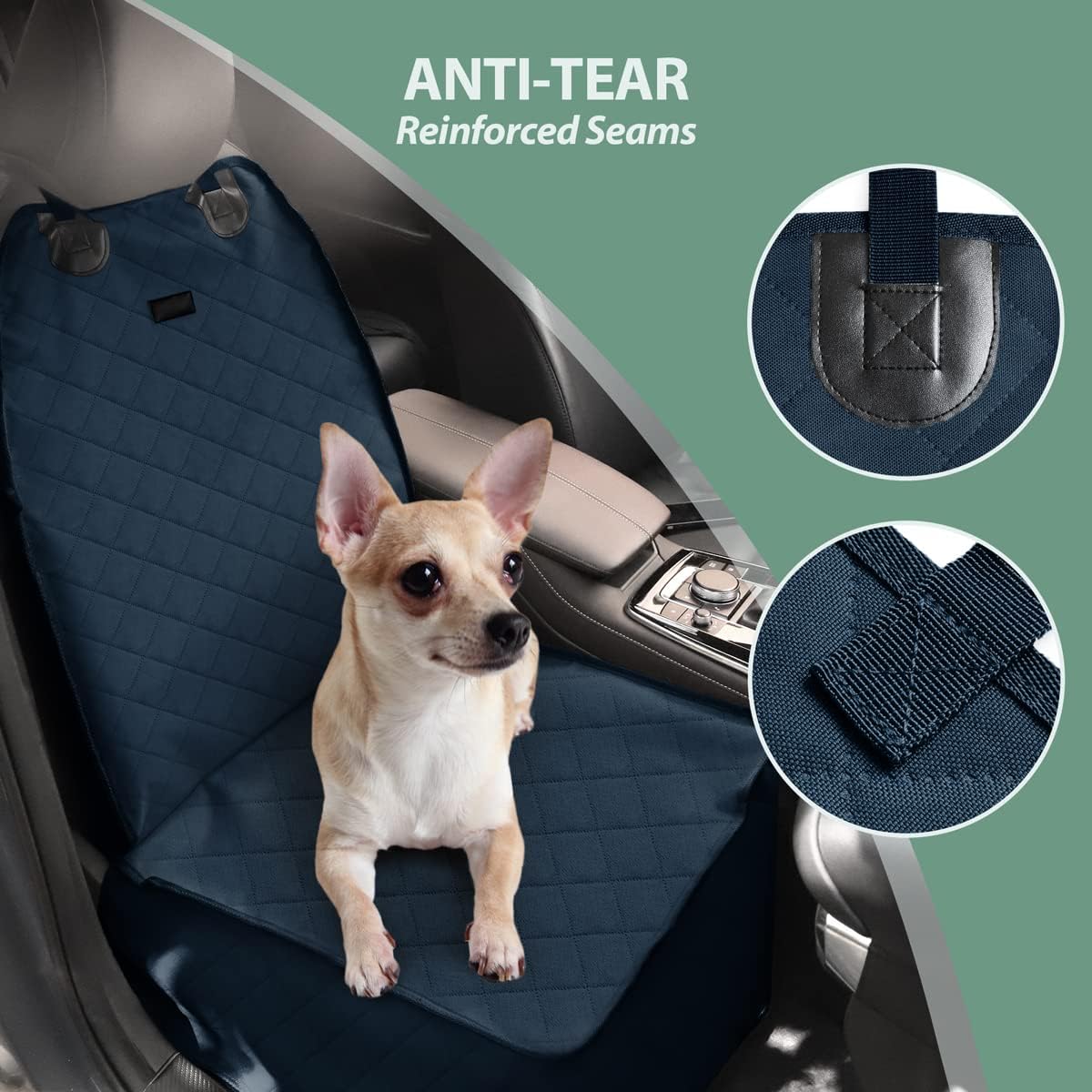 Dog Car Front Seat Cover with Side Flaps & Buckle Straps for Pet, 100% Waterproof 600D Oxford Single Seat Protector Heavy Duty Quilted Scratch Proof, Universal Size for SUV Truck, Blue