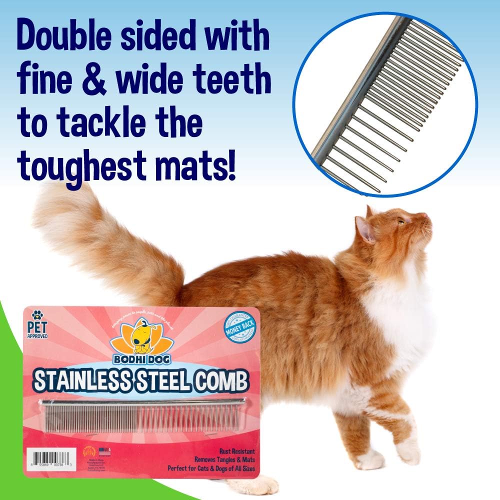 Bodhi Dog Stainless Steel Comb & Shampoo Brush - Bath & Shower Supplies for Dogs & Cats - Removes Shedding, Mats & Tangles - Pet Grooming Scrubber Bundle (Blue)