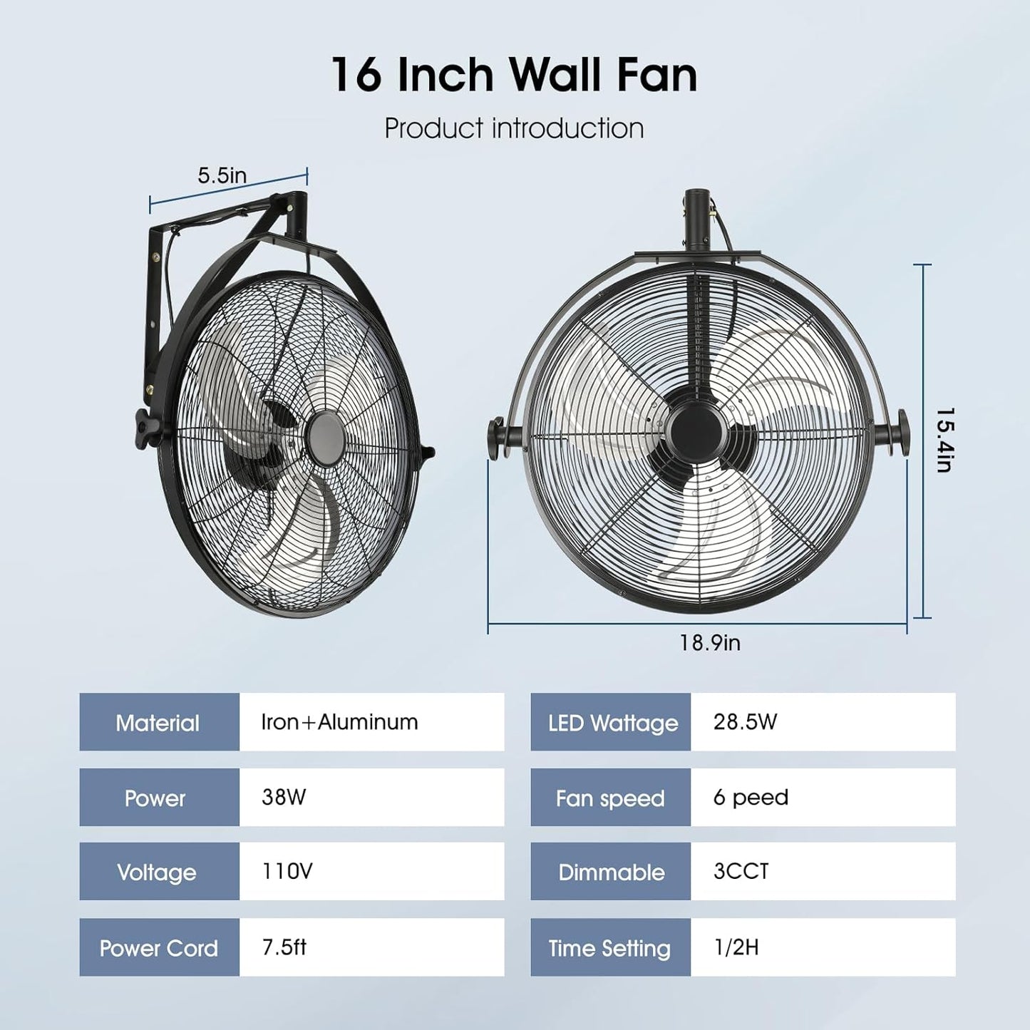 16 inch Wall Mount Fan with Lights and Remote,6-Speed Gazebo Ceiling Fan Adjustable Tilt Dimmable Wall Fan,High Velocity Industrial Outdoor Fans for Patio,Garage,Commercial,Black