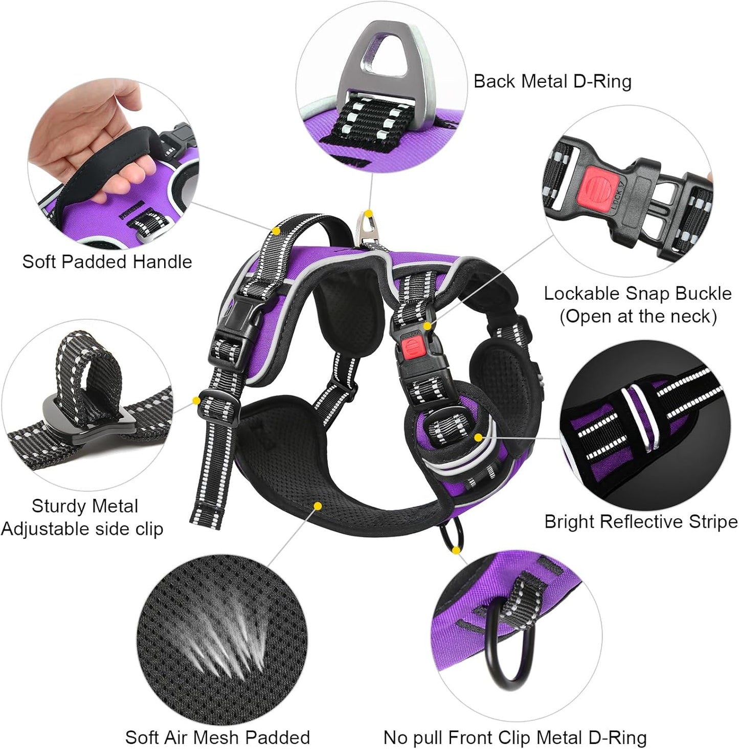 Timos Dog Harness Large Sized, No Pull with Neck Lockable Snap,No Choke Front Clip Dog Reflective Harness,Adjustable Metal Rings 3 Buckles,Easy Control Handle for Large Dogs Purple XL