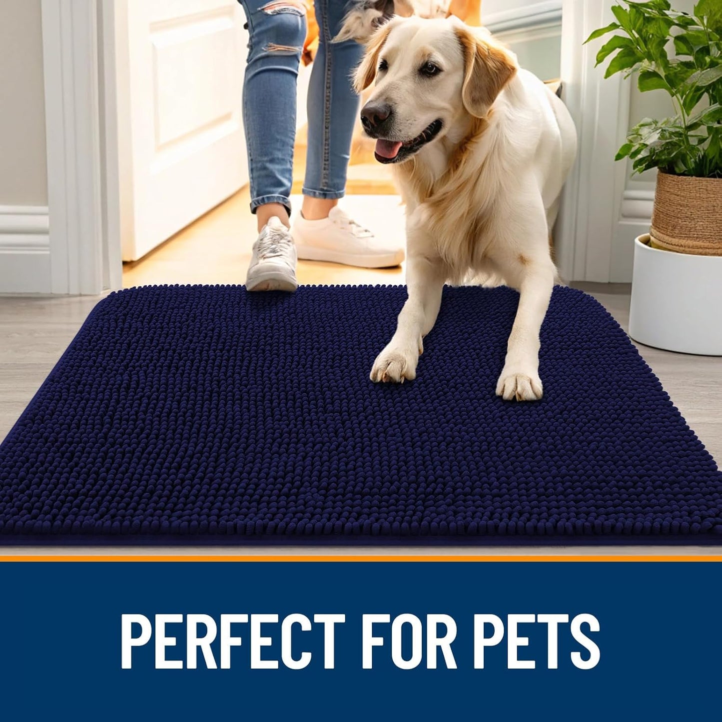 OLANLY Dog Door Mat for Muddy Paws 40x24, Absorbs Moisture and Dirt, Absorbent Non-Slip Washable Doormat, Quick Dry Chenille Mud Mat for Dogs, Entry Indoor Entryway Carpet for Inside Floor, Navy Blue