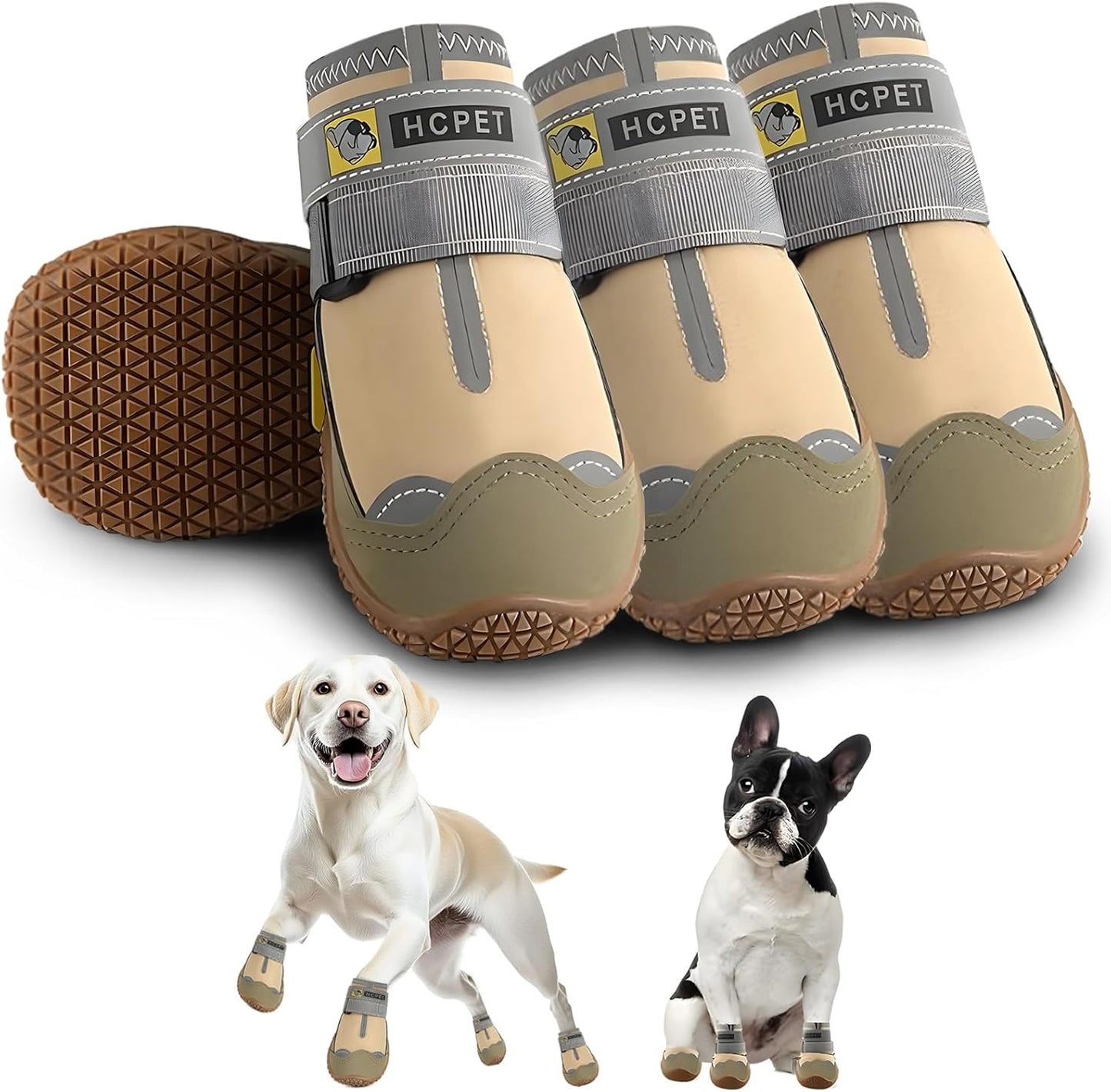 Hcpet Dog Shoes for Large Dogs, Waterproof Dog Booties for Small Medium Dogs, Anti-Slip Dog Boots & Paw Protectors for Hot Pavement Winter Snow Hiking with Reflective Straps Khaki Size 4