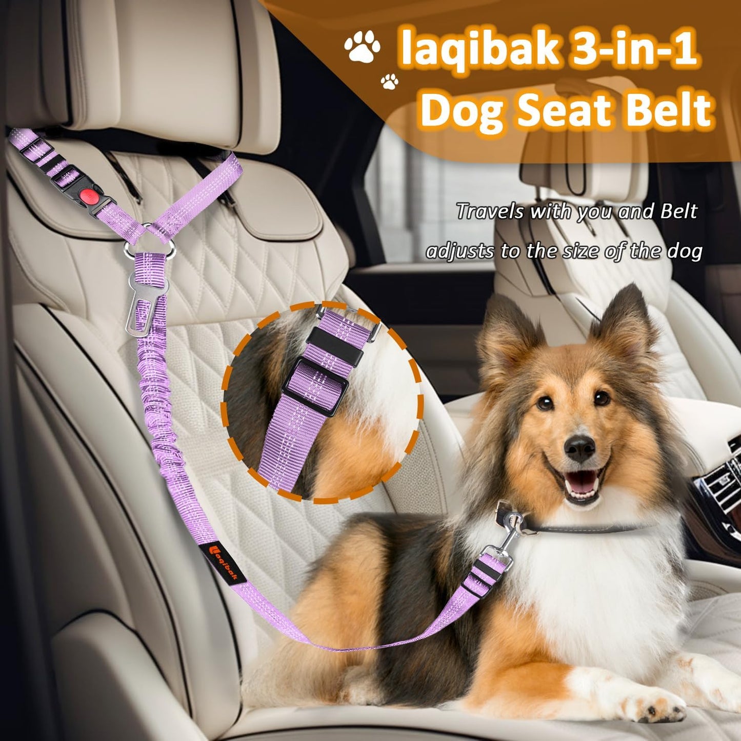 Removable Dog Seat Belt Harness for Car, 3 in 1 Pet Dog Car Seatbelt Leash, Retractable Restraint Secures to Vehicle Headrest & Adjustable Reflective Bungee Dog Seatbelt Tether, Purple