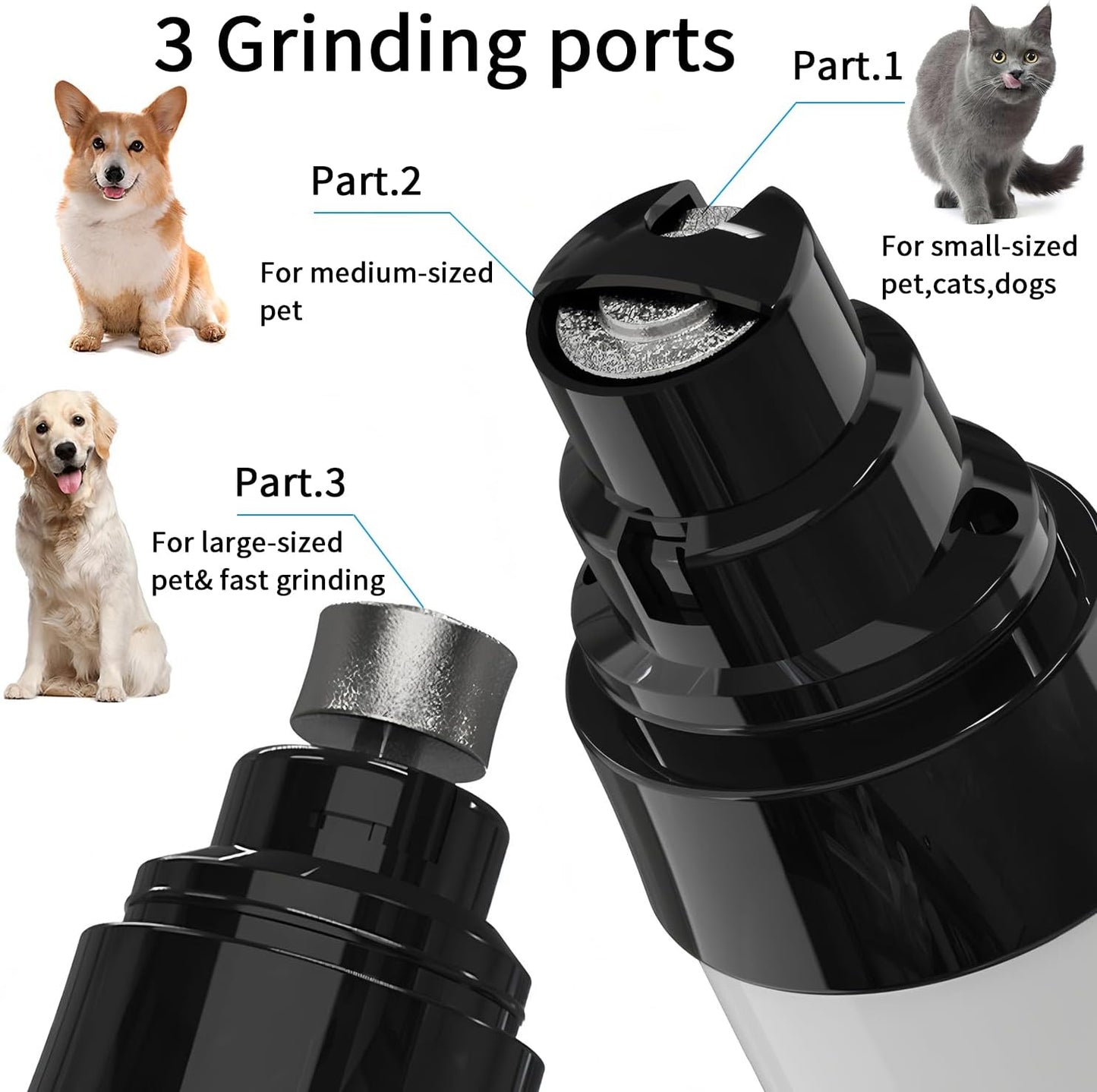 Electric Dog Nail Grinder - USB Rechargeable Electric Nail Trimmer with 3 Diamond Grinding Heads for Small to Large Dogs & Cats