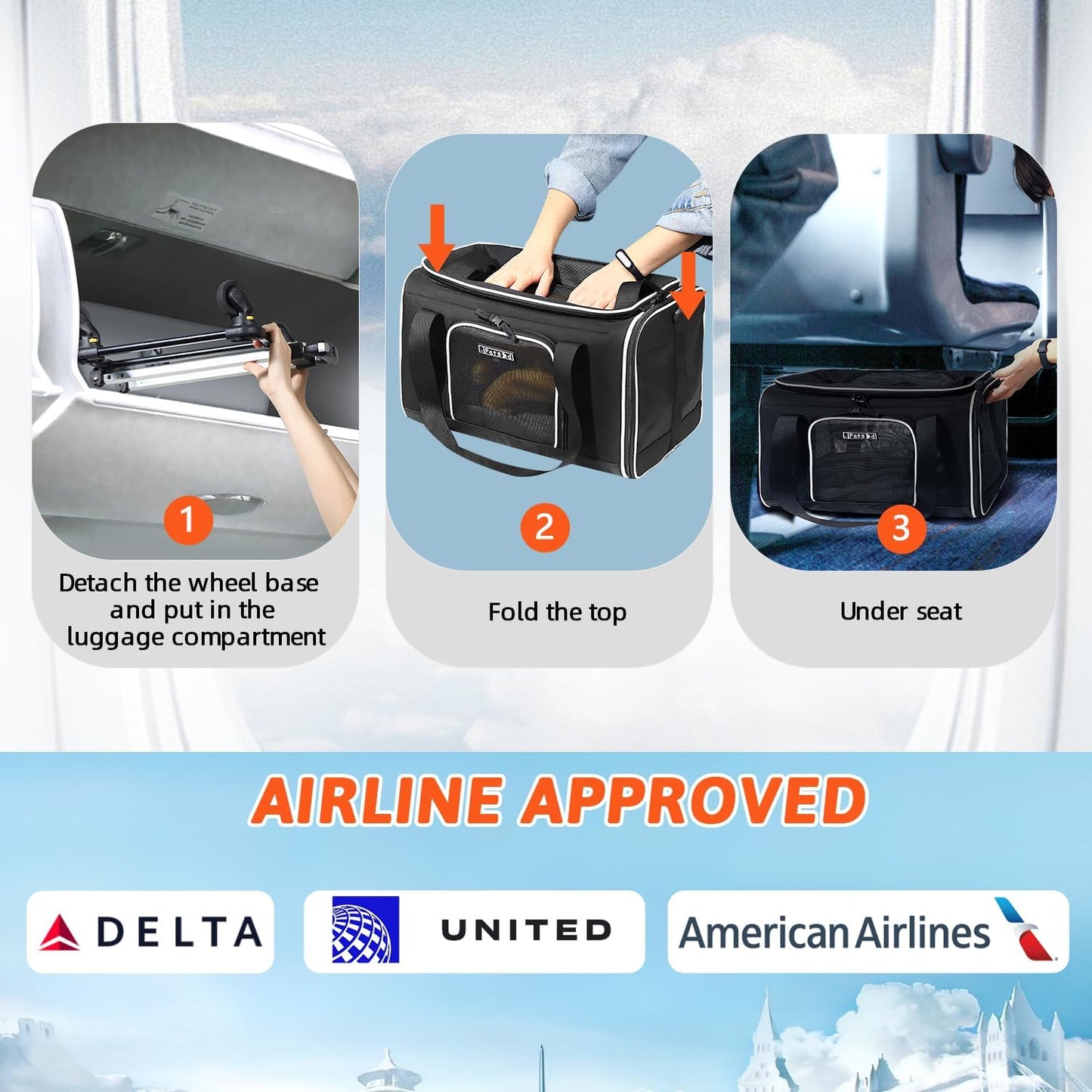 Petskd Top-Expandable Pet Carrier with Wheels 18x11x11 Inches Delta American United Airline Approved, Soft-Sided Carrier for Small Cats Dogs with Locking Safety Zippers and Anti-Scratch Mesh(Black)