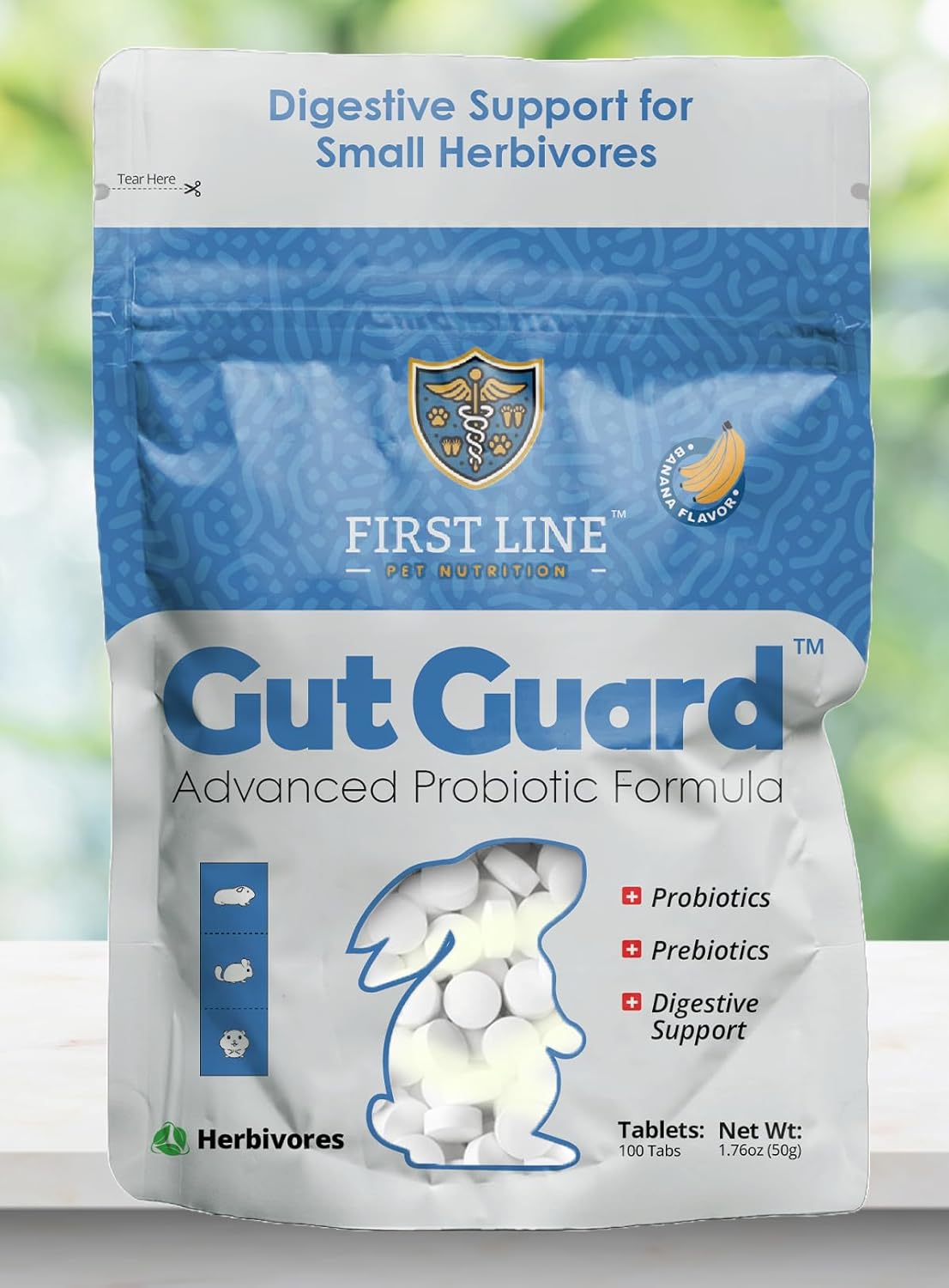 Gut Guard™ – Advanced Probiotic Formula for Herbivores, 100 Tablets, Banana Flavor (Rabbits, Guinea Pigs, Chinchillas, Hamsters)