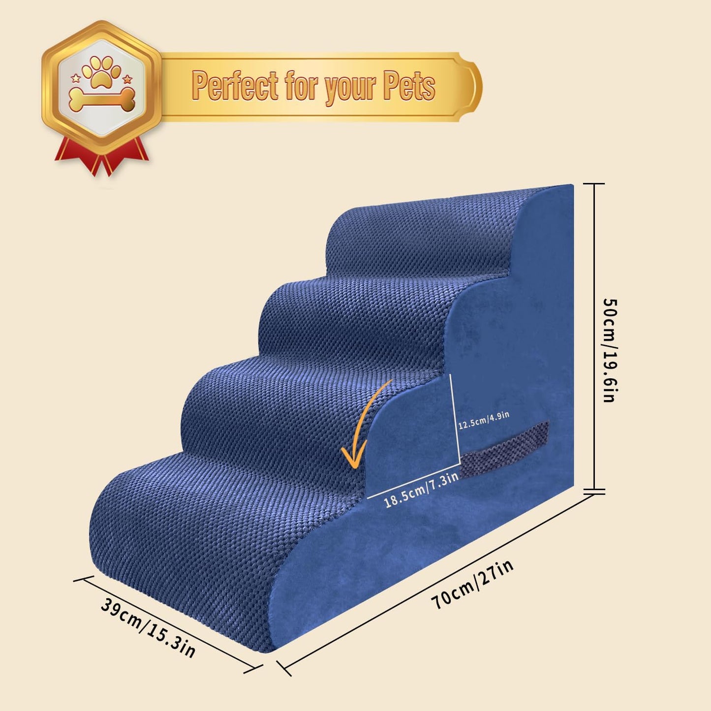 PAWSCART Dog Stairs for Small Dogs and Cats, 4-Step Dog Steps for Bed, 19.6" H Pet Stairs for High Bed, Pet Ramp for Couch, Sofa, Non-Slip Surface Removable Washable Cover, Blue