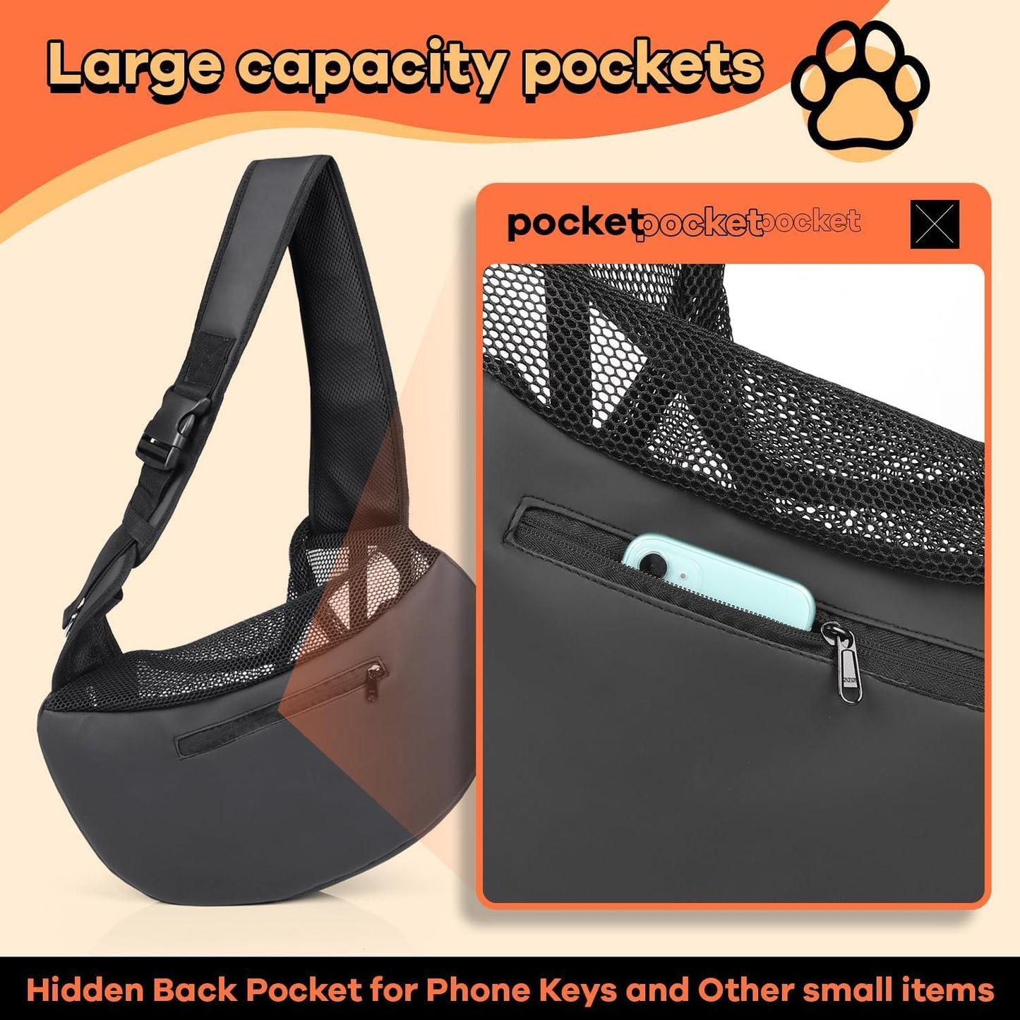 YUDODO Pet Sling Carrier for Small Dogs & Cats – Hands-Free Puppy Carrier with Safety Hook, Large Zipper Pocket, Soft Breathable Mesh, Adjustable Strap & Reflective Strip (Gray 3.0 S)