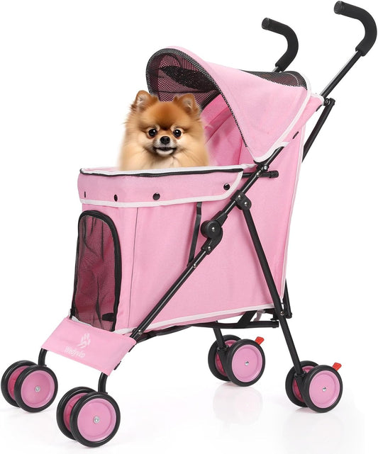 Umbrella Dog Stroller, 4 Wheels Pet Strolling, Foldable Carrier Pet Stroller for Small Dogs Cats, with Carrying Strap and Cup Holder, Dog Poop Bags & Dispenser, Up to 33 lbs, Pink