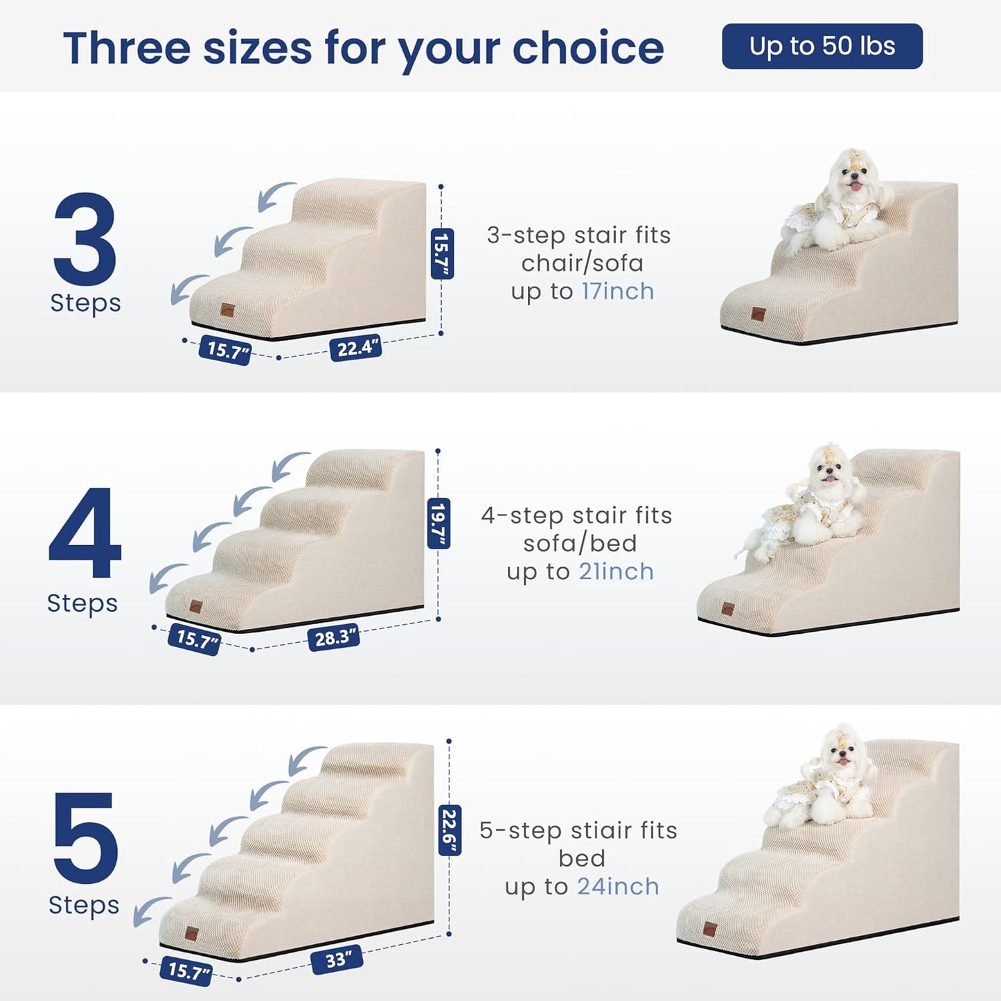 GoGoBunny Ramp Dog Stairs for Couch Sofa and Chair 15.7" H, 3-Step Pet Steps for Small Dogs and Cats, Non-Slip Waterproof Fabric Cover, Stable and Balanced Indoor Step, Pets Friendly, Beige