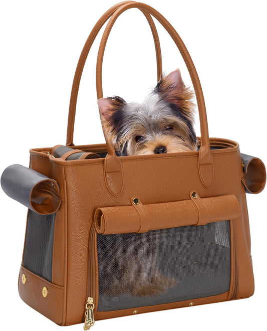 Fashion Pet Carrier Purse for Small Cat and Dog, Luxury Pu Soft-Sided Tote Bag with Large Pockets for Dogs and Puppies (Brown, 15.8" L x 7.5" W x 11.8" H)