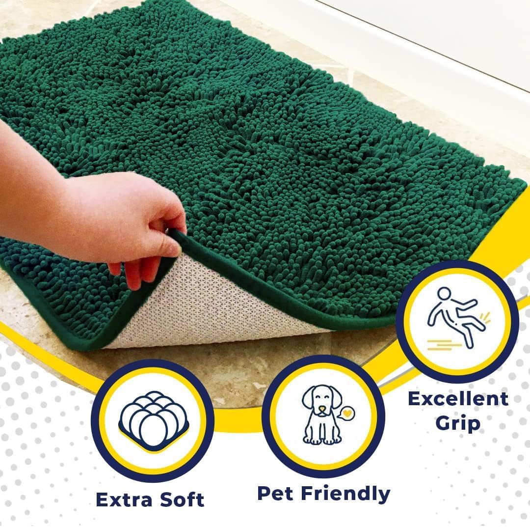Muddy Mat® AS-SEEN-ON-TV Highly Absorbent Microfiber Dog Door Mat and Pet Rug, Non Slip Thick Washable Area and Bath Mat Soft Chenille for Kitchen Bathroom Bedroom and Indoor-Dark Green Runner 24"X60"
