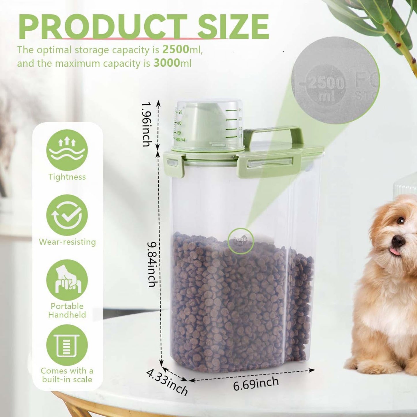 SenseYo 2.5lb Pet Food Storage Container with Measuring Cup, 3L Cat Food Storage Container Dog Food Storage BPA Free for Small Dog, Cat, Bird (Green)