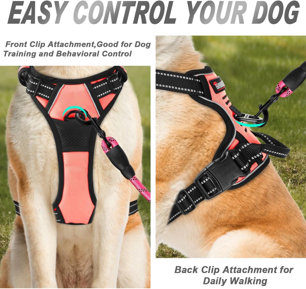 BARKBAY No Pull Dog Harness Front Clip Heavy Duty Reflective Easy Control Handle for Large Dog Walking(Light Pink,L)