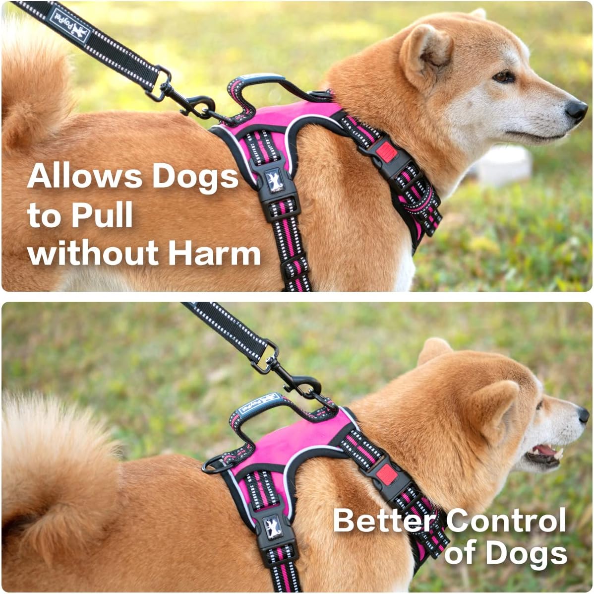 PoyPet No Pull Dog Harness, No Choke Front Clip Reflective Dog Vest with Soft Padded Vertical Handle, 3 Leash Attachments for Small Medium Large Dogs (Pink,L)