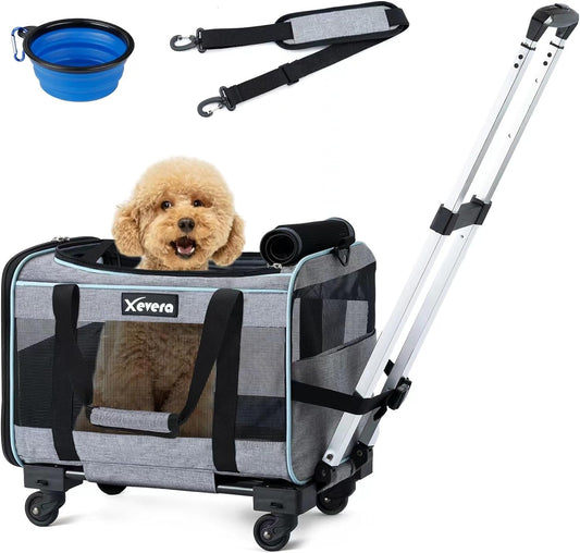Cat Dog Carrier with Wheels Airline Approved Rolling Pet Carrier with Telescopic Handle, Shoulder Strap and Pet Bowl, Grey