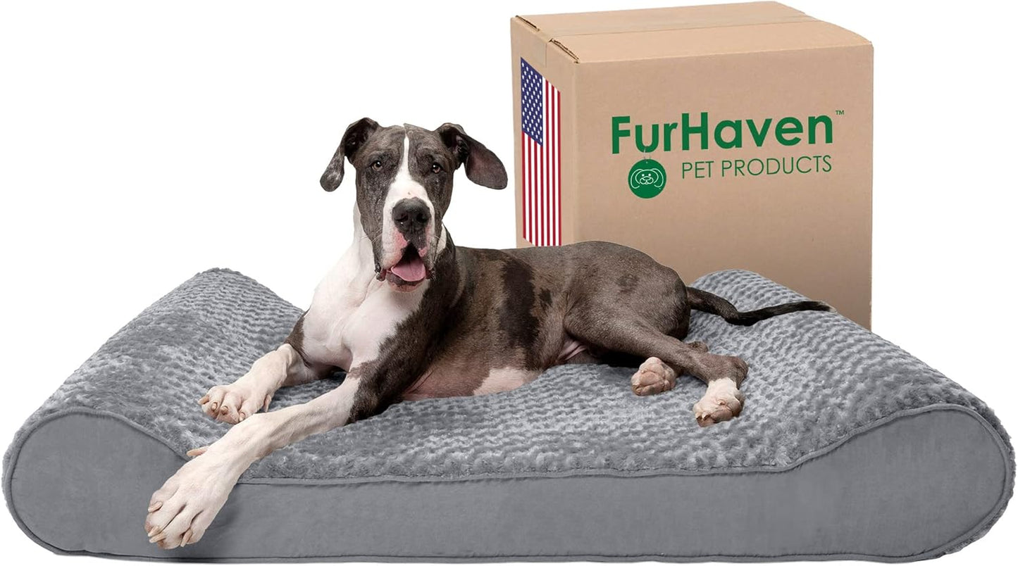 Furhaven Orthopedic Dog Bed for Extra Large Dogs w/ Removable Washable Cover, For Dogs Up to 180 lbs - Ultra Plush Faux Fur & Suede Luxe Lounger Contour Mattress - Gray, Giant/XXXL