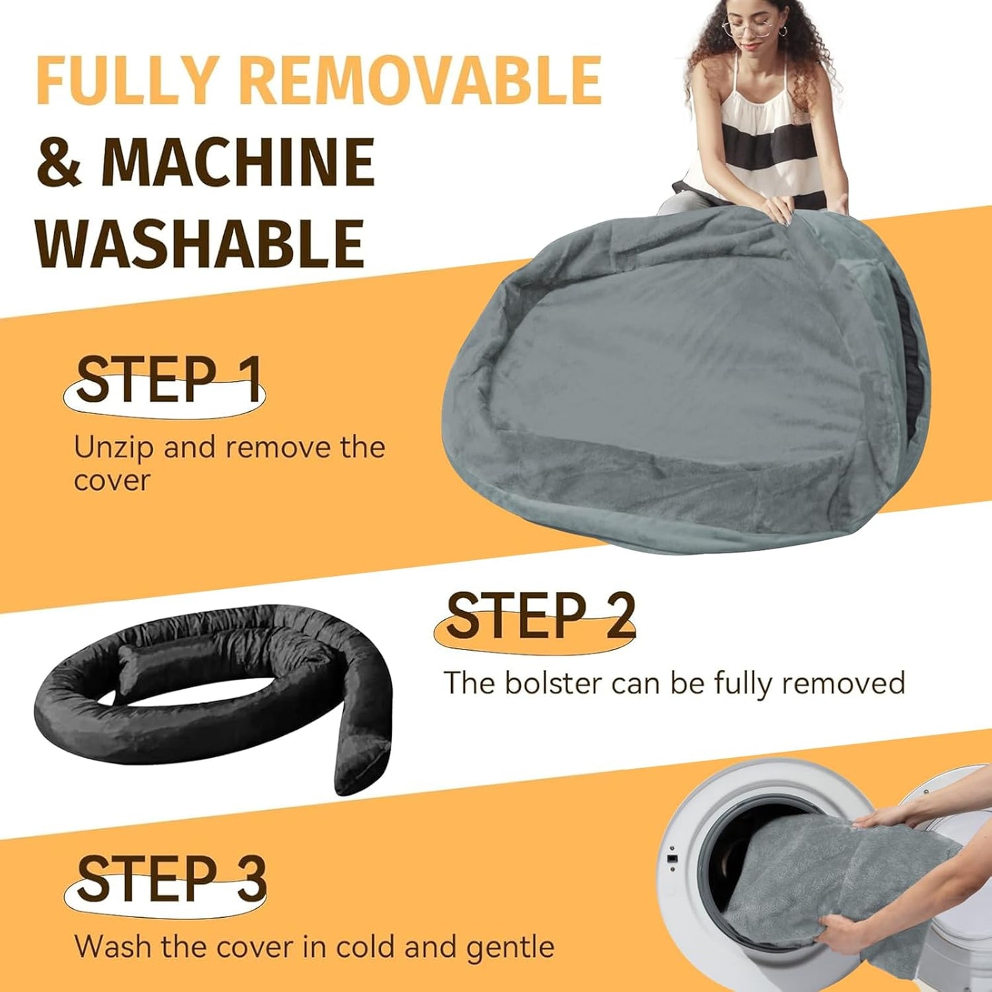 Orthopedic Washable Large Dog Bed: Cooling Dog Bed with Bolsters - Jumbo Bed Waterproof Removable Cover Non-Slip Pet Bed for Extra Large Sized - Grey