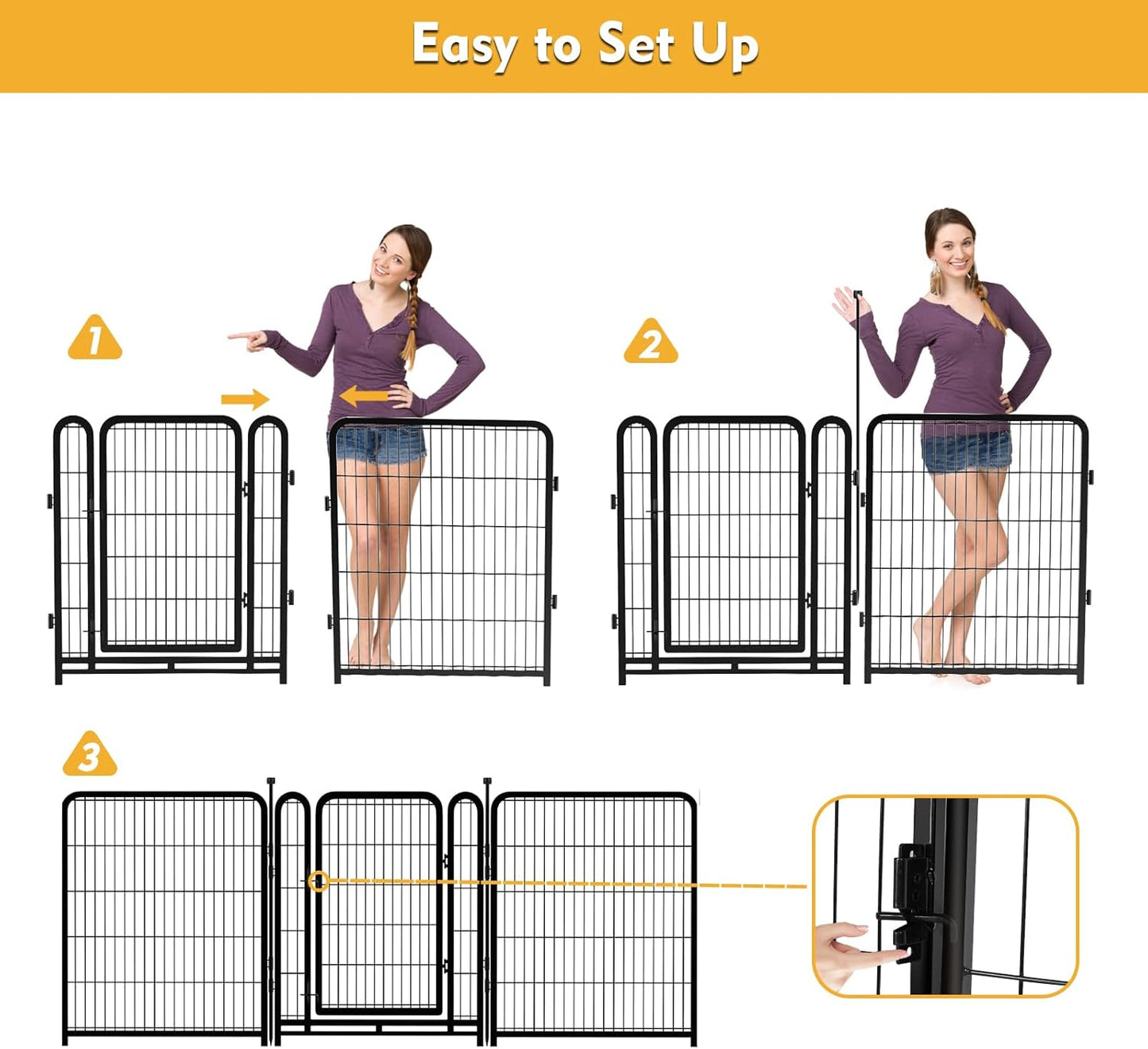 56 in(H) Decorative Garden Fence Panels, Wide Door Low Threshold, Dog Fence Outdoor for Yard. 10 Panels Total 22.1 Ft(L)，No Dig Fencing for Dogs, Black
