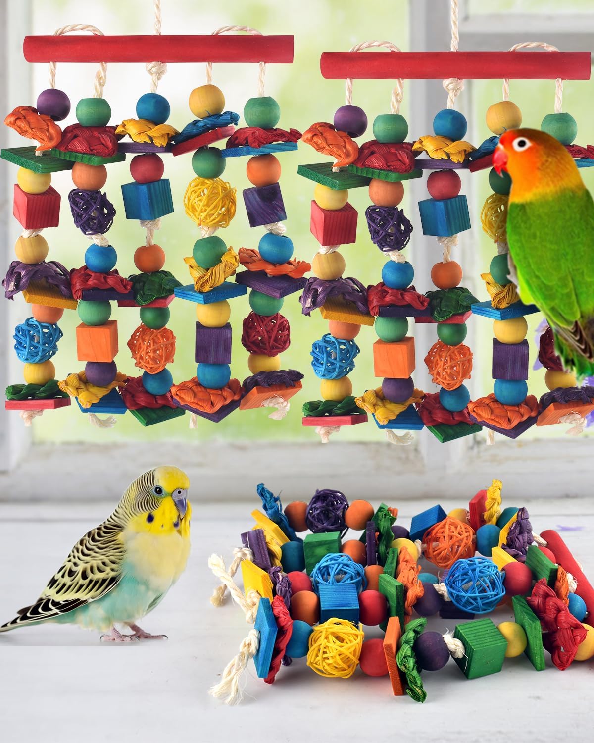 Bird Toys, 3PCS Parrot Foraging Hanging Toy, Multicolored Natural Wooden Blocks Parakeet Chewing Toys mit Rattan Wicker Balls, for Medium Small Cockatoos Budgie Lovebird Cockatiel Conure