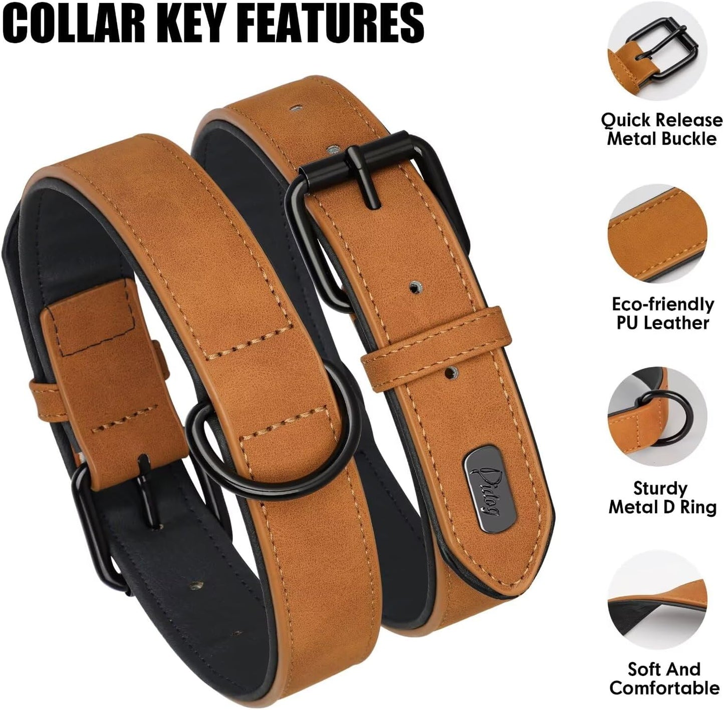 Didog Soft Padded PU Leather Dog Collar, Breathable and Adjustable Dog Collars for Medium Dogs, Comfortable for Daily Walk, Light Brown, L Fit Neck 13-17"(22-44 lbs)