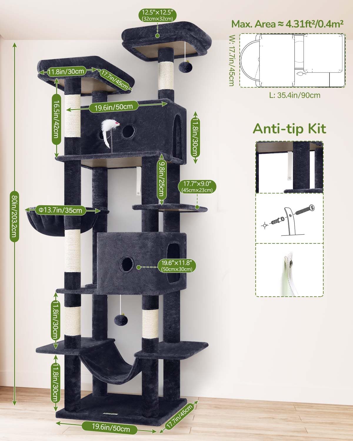 Globlazer Large Cat Tree Tower Condo, 80in Tall Cat Tree for Multiple Indoor Cats Large Adult, XXL Big Cat Climbing Tower with Cat Caves, Sisal Scratching Posts, Top Perches, Hammock, S80B, Dark Gray
