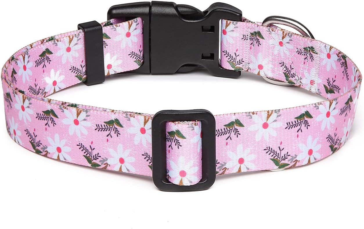 Mercano Adjustable Dog Collar - Special Design Patterns, Soft Nylon Comfortable Durable Pet Collar for Small Medium Large Dogs (L, Pink White Flower)