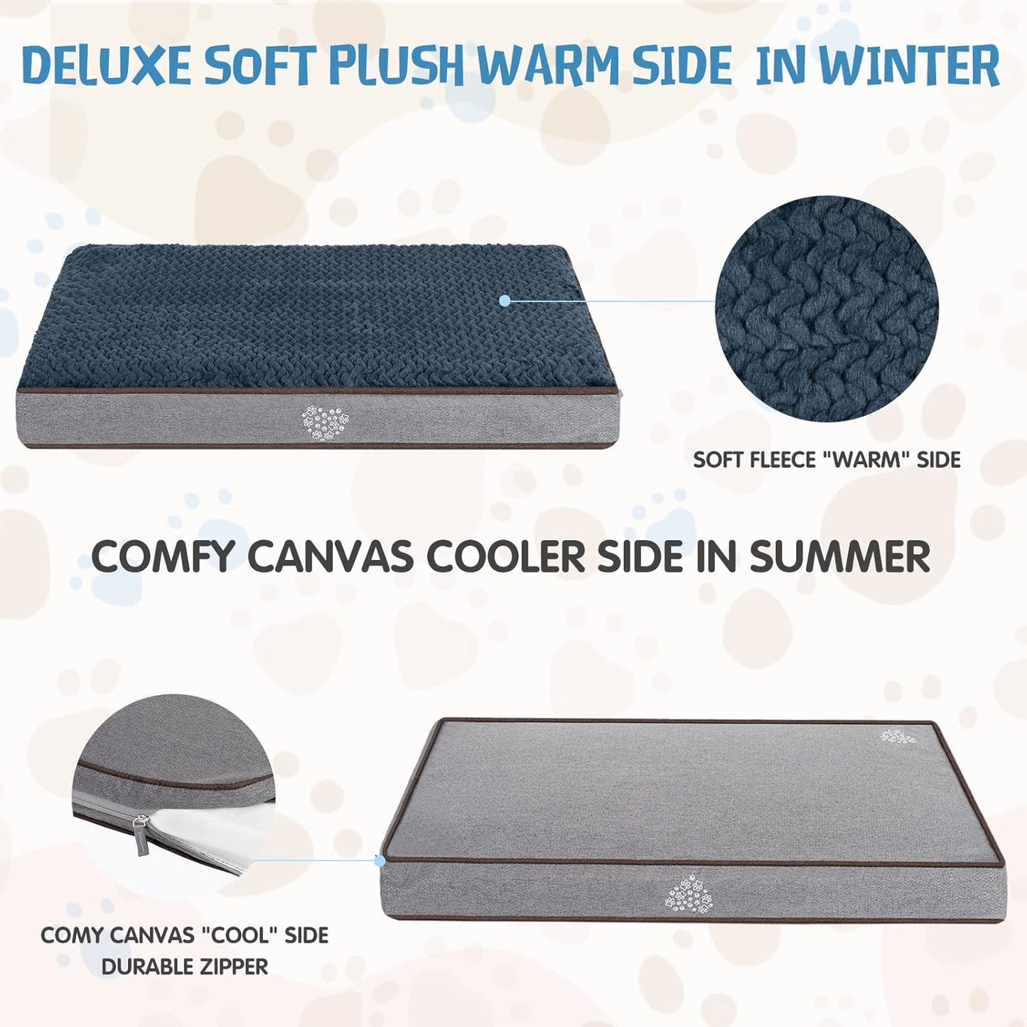 VANKEAN Dog Bed Soft Crate Pad Mat Reversible Warm& Cool, Washable Comfy Kennel Pad with Orthopedic Egg-Crate Foam for Small Medium Large Dogs, Water-Resistant Pet Bed, Grey