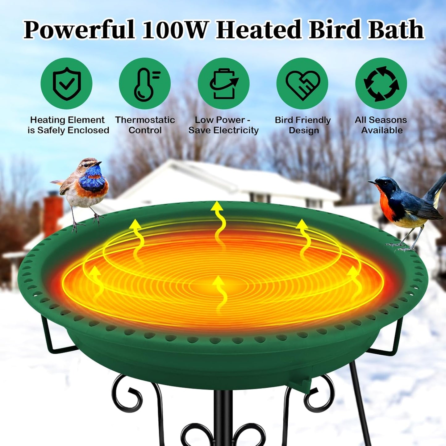 Heated Bird Bath, Lovppy 100W Thermostatically Controlled Heated Bird Baths for Outdoors Bird Bath Heater with Metal Stake, Heated Bird Bath for Outside Winter Garden Patio Yard Lawn (Green)