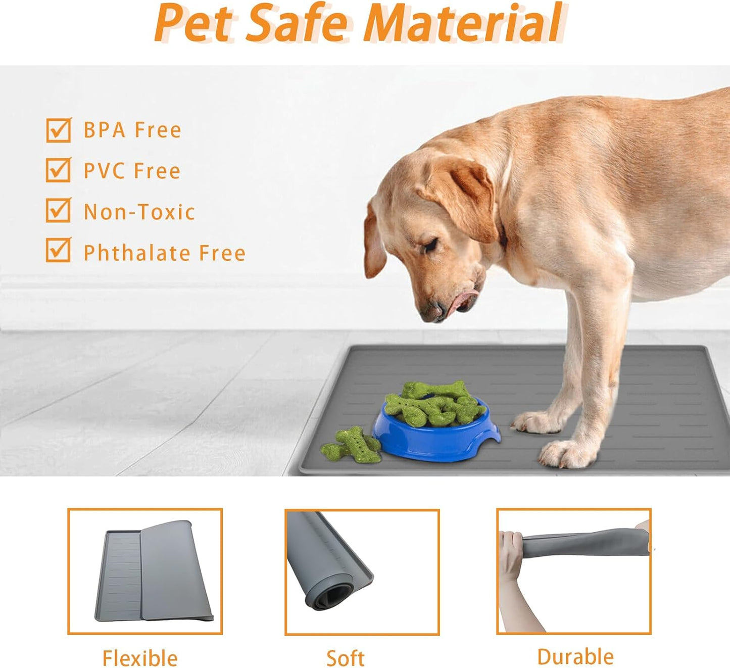 18" x 12" Dog Food Mat, Silicone Pet Mats for Food and Water, Nonslip Pet Feeding Mats for Floors, Dog Cat Bowl Mat with Raised Edges, Lake Blue
