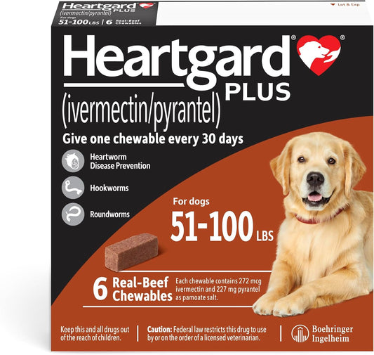 HEARTGARD® Plus (ivermectin/pyrantel) Real-Beef Chewables for Dogs 51-100 lbs (Brown Box) 6 Month Supply of Chews (Heartworm Disease Preventive)