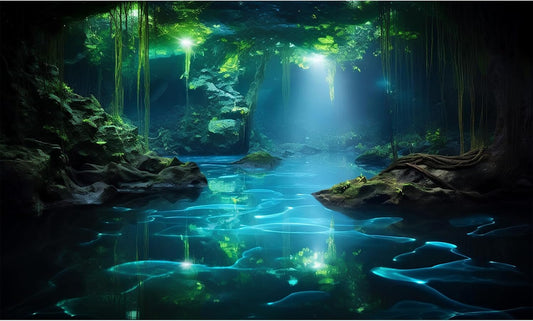 Cave Aquarium Background Underwater Cave with Light Beam Tranquil Stream Terrarium Background Mysterious Elegant Fantasy Tropical Plants Fish Tank Backdrop Wallpaper Poster Decorations Vinyl 24x12in
