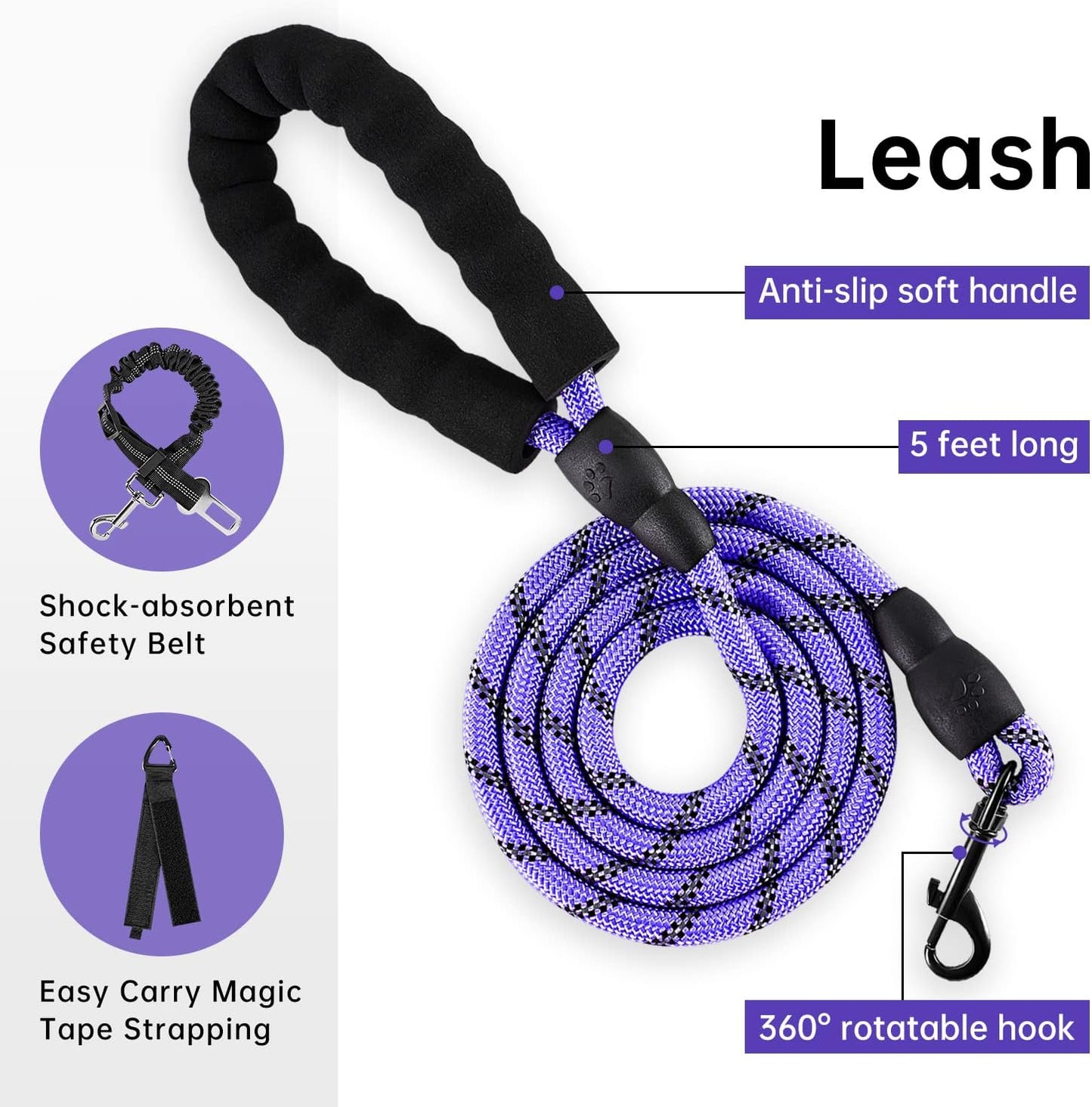 IVY&LANE No Pull Dog Harness for Large Dogs, Dog Vest Harness with Leash, Safety Belt and Storage Strap, Fully Adjustable Harness, 360° Reflective Strip, Soft Handle (Purple, L)