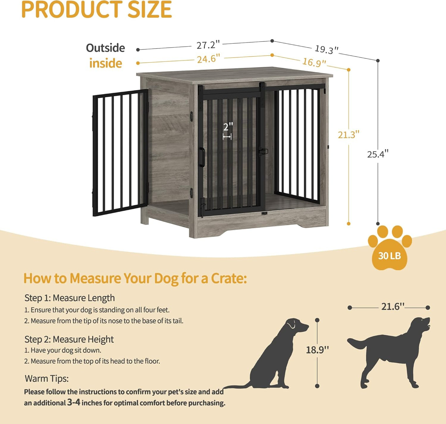 27.2" Dog Crate Furniture with Barn Door, Heavy Duty Dog Kennel Indoor with 2 Doors, Wooden Pet Cage End Table for Small Medium Dogs up to 22 lb, Anti-Chew Anti-Escape, Greige DFC84305B