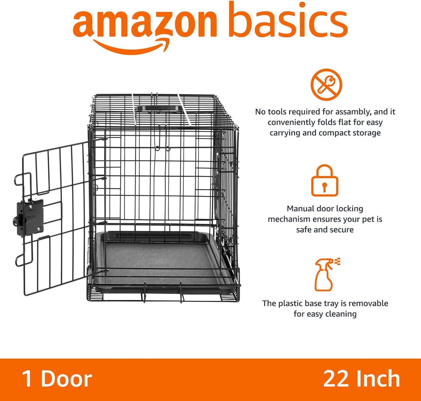 Amazon Basics Durable, Foldable Metal Wire Pet Crate with Tray, Portable and Sturdy for Travel, Single Door, Divider Panel, Perfect Size for Small Dogs, 22 x 13 x 16 in, Black