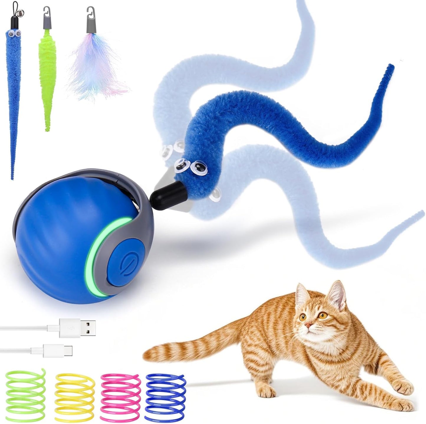 AIERSA Interactive Cat Toys for Indoor Adult Cats, Automatic Self-Play Cat Ball Toy for Kitten to Keep Them Busy, Electric Speed Tail Moving Cat Toy with 3 Tails and 4 Springs (Blue)
