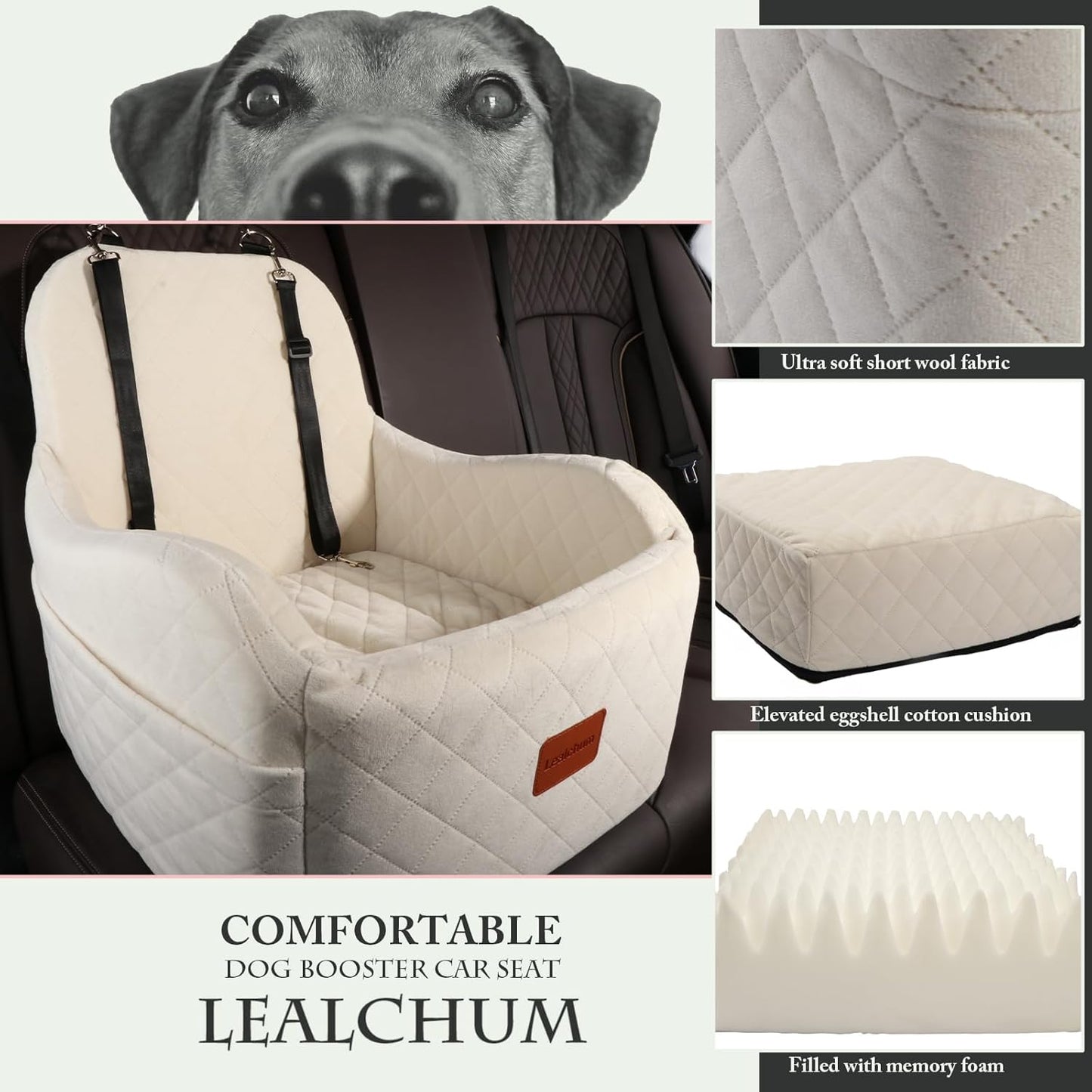 Dog Booster Car Seat,Ultra Soft Fabric & Filling Memory Foam,Elevated Cushion,3 Straps & Safety Belt Channel,Anti-Slip Base,Fully Detachable and Washable(Beige,Medium)