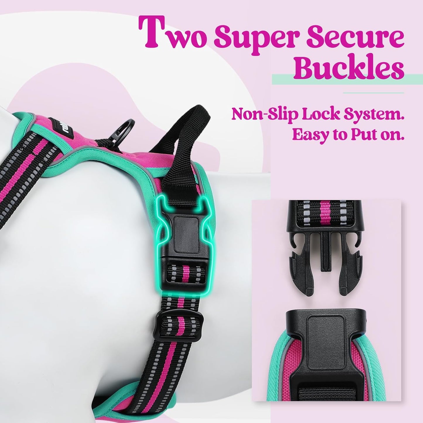 rabbitgoo Dog Harness No Pull with 2 Leash Clips, Adjustable Soft Padded, Reflective Oxford No Choke Pet Vest with Easy Control Handle for Large Dogs, Hot Pink & Turquoise, XL