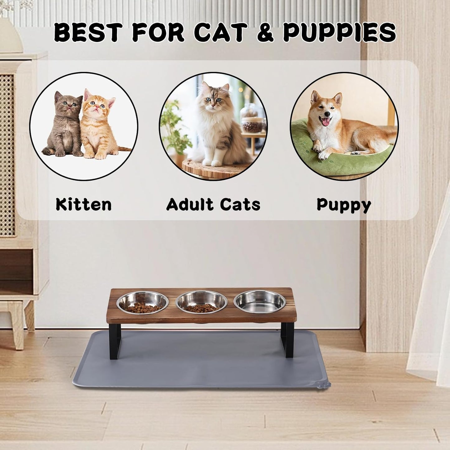 Upgraded Elevated Cat Bowls with Food Mat,15°Tilted Stand Anti Vomiting Raised Cat Dishes for Food and Water,3 Stainless Steel Bowls for Cats and Puppy（Rustic Brown）