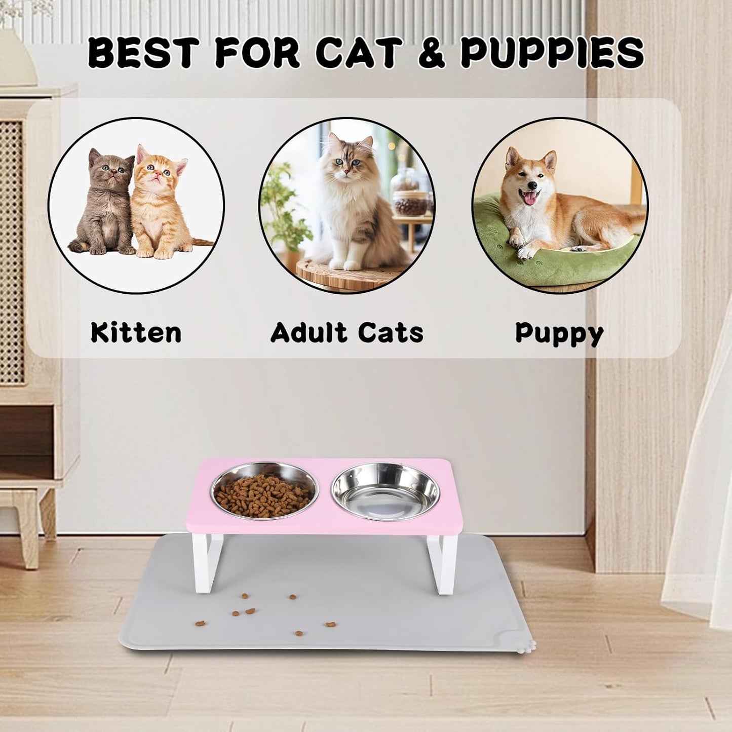 Upgraded Elevated Cat Bowls with Food Mat,15°Tilted Stand Anti Vomiting Raised Cat Dishes for Food and Water,2 Stainless Steel Bowls for Cats and Puppy（Pink）